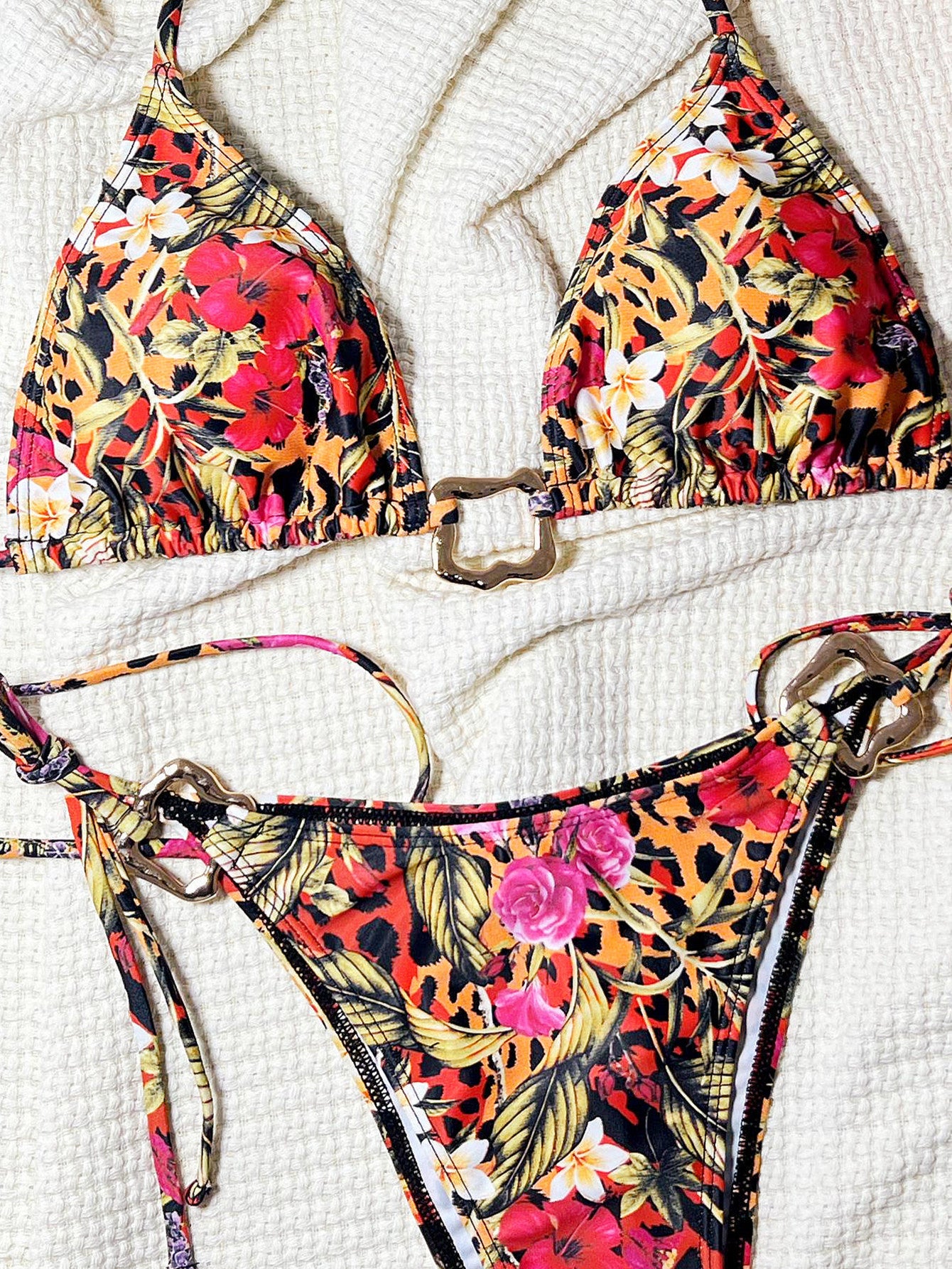 Multi Leopard Gold Decor Triangle Tie Side Sexy 2Pc Swimsuit Set