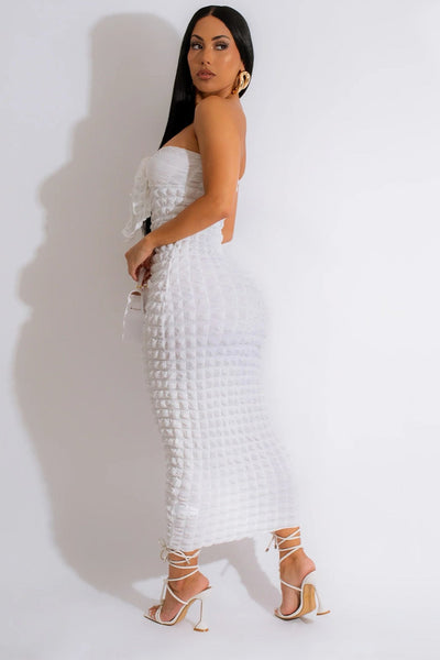 White Textured Fabric Strapless Knot Sexy Fitted Maxi Dress