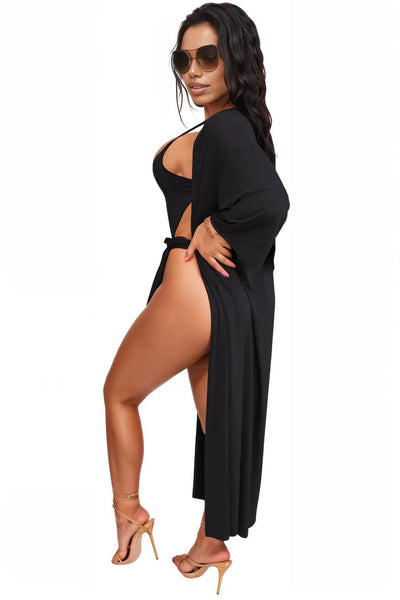 Black Strappy Monokini Kimono Cover-Up 2Pc Swimsuit Set