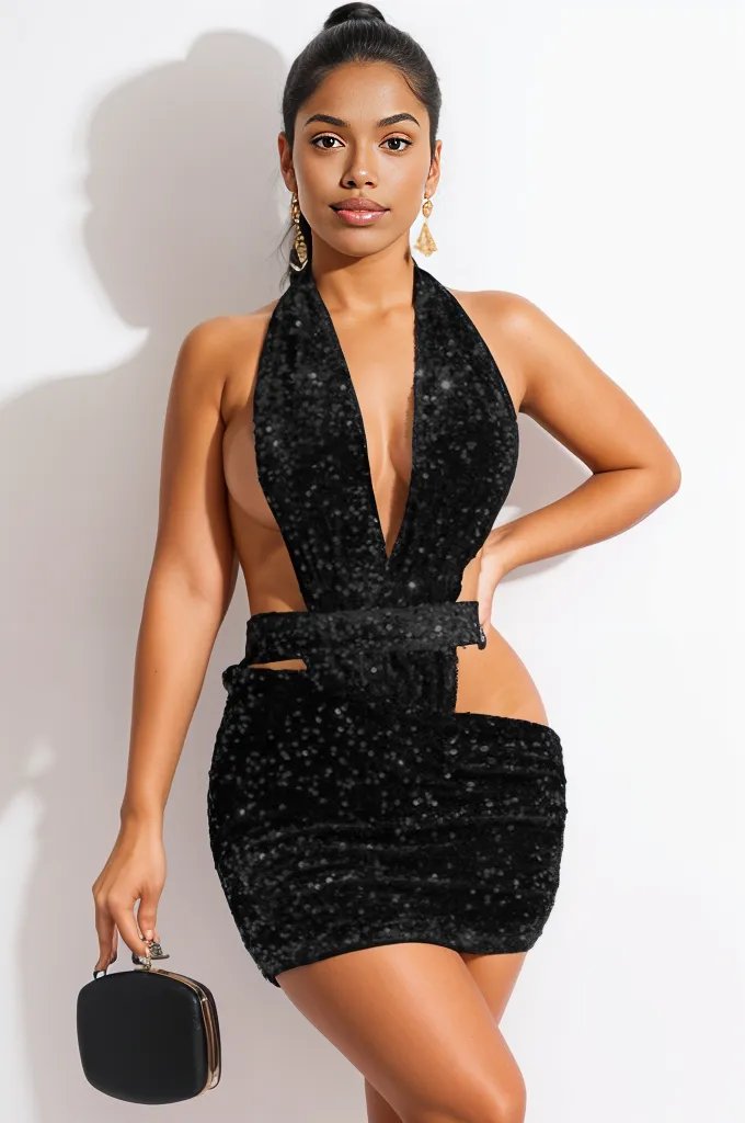 Black Sleeveless Cut Out Sequins Sexy Party Dress