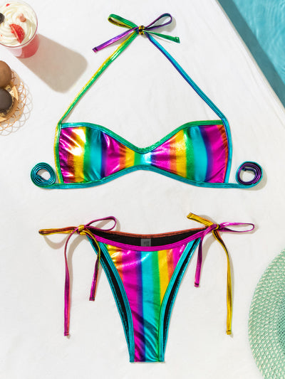 Rainbow Multi Metallic Micro Halter Cheeky Sexy 2Pc Swimsuit Set