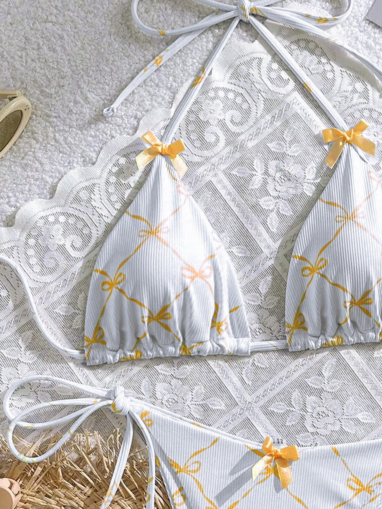 White Orange Coquette Bows Triangle Tie Side Sexy 2Pc Swimsuit Set Bikini