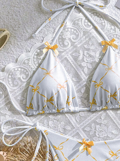 White Orange Coquette Bows Triangle Tie Side Sexy 2Pc Swimsuit Set Bikini