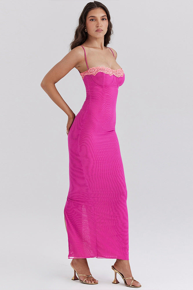 Pink Mesh Lace Push-Up Sexy Bodycon Fitted Maxi Dress