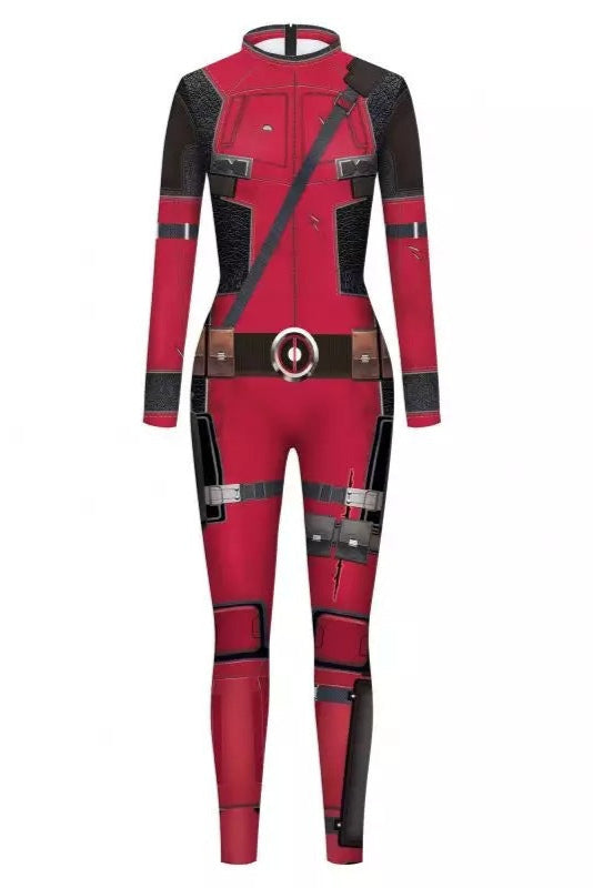 Red Black Printed Stretchy Sexy Full Length Deadpool Costume Jumpsuit