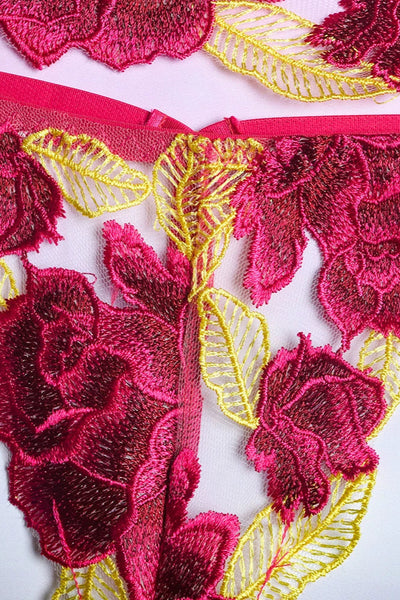 Yellow Fuchsia Floral Embroidered Mesh Underwire Sexy Lingerie 3 Pc Set