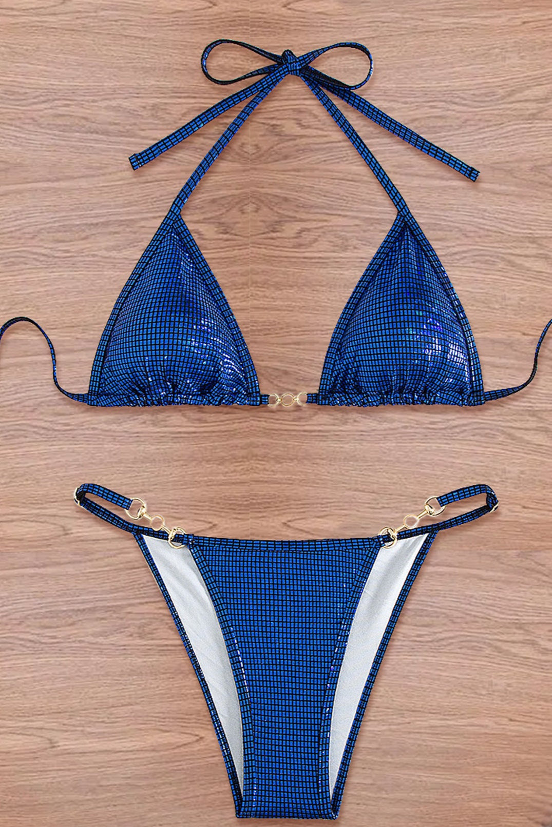 Blue Holographic Gold Designer Buckle Triangle Cheeky Sexy 2Pc Swimsuit Set