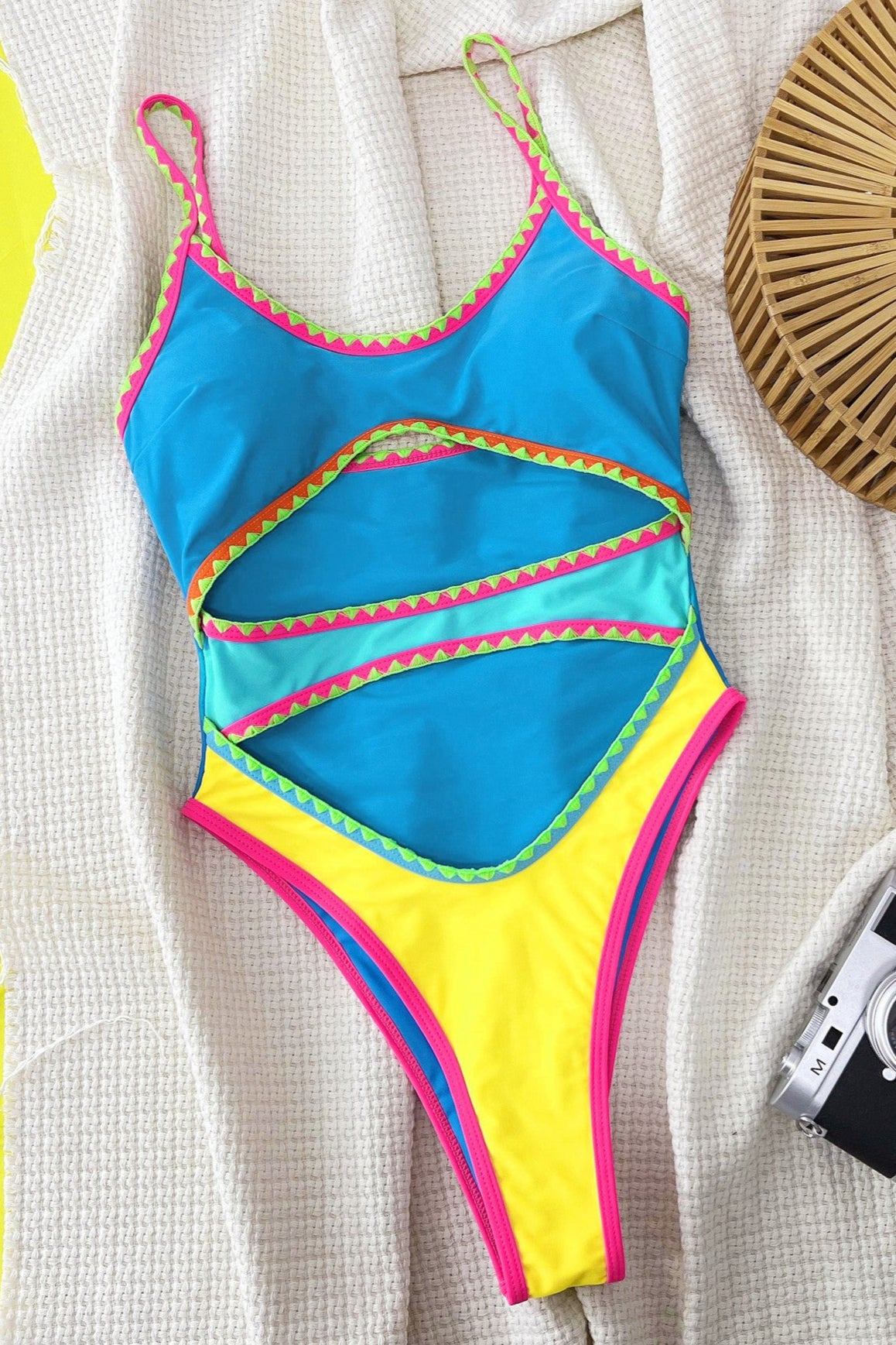 Blue Yellow Embroider Trim Cut-Out Sexy Cut-Out Monokini 1Pc Swimsuit