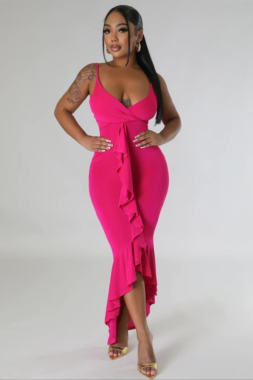 Hot Pink Ruffle Curve Hugging Sexy Maxi Party Dress