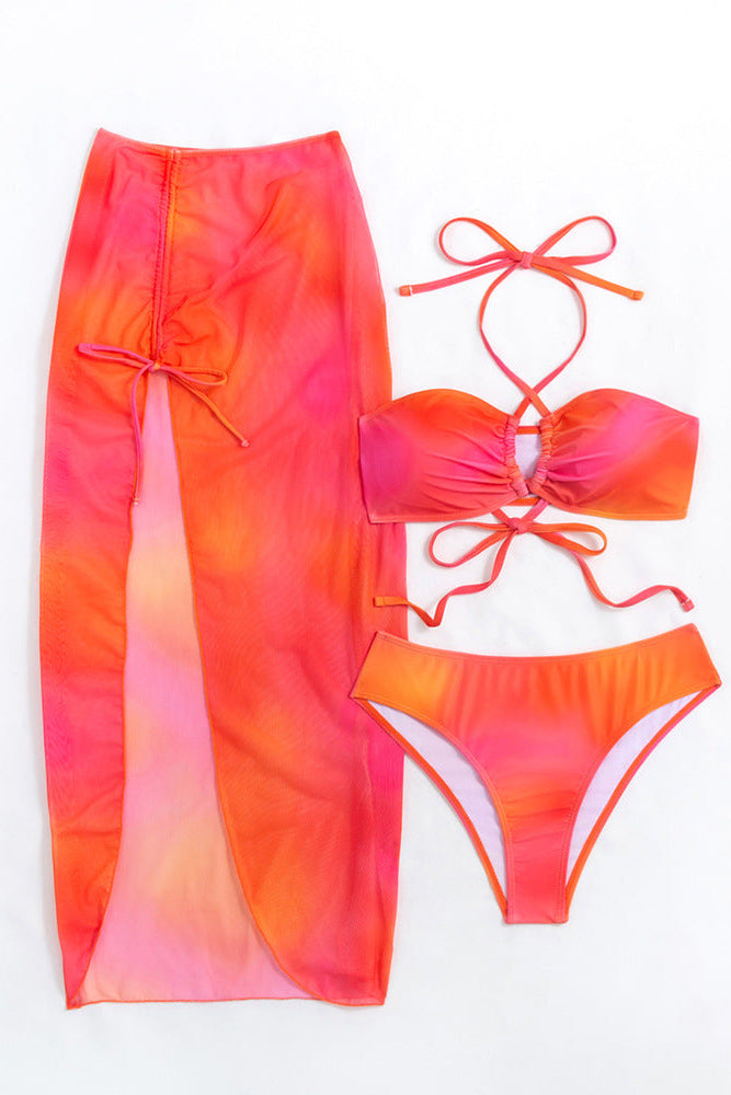 Orange Tie Dye Halter Mesh Skirt Cover-Up Sexy 3Pc Swimsuit Set