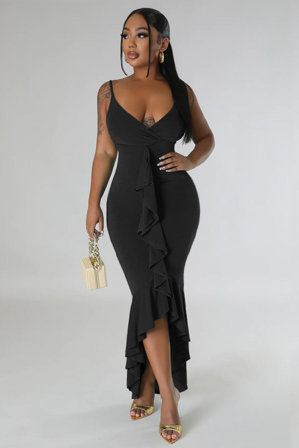 Black Ruffle Curve Hugging Sexy Maxi Party Dress