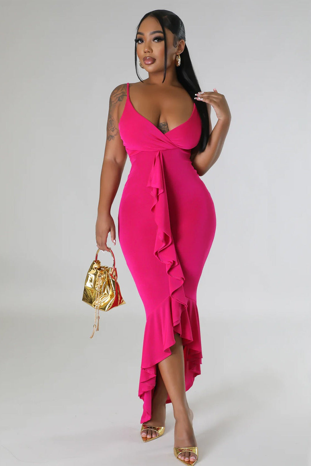 Hot Pink Ruffle Curve Hugging Sexy Maxi Party Dress