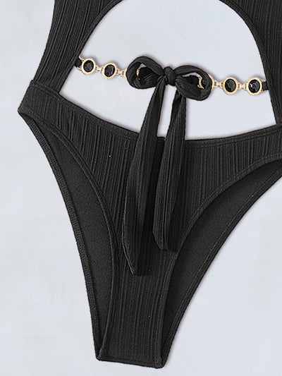 Black Textured Fabric Gem Cut-Out Sexy 1Pc Swimsuit Monokini