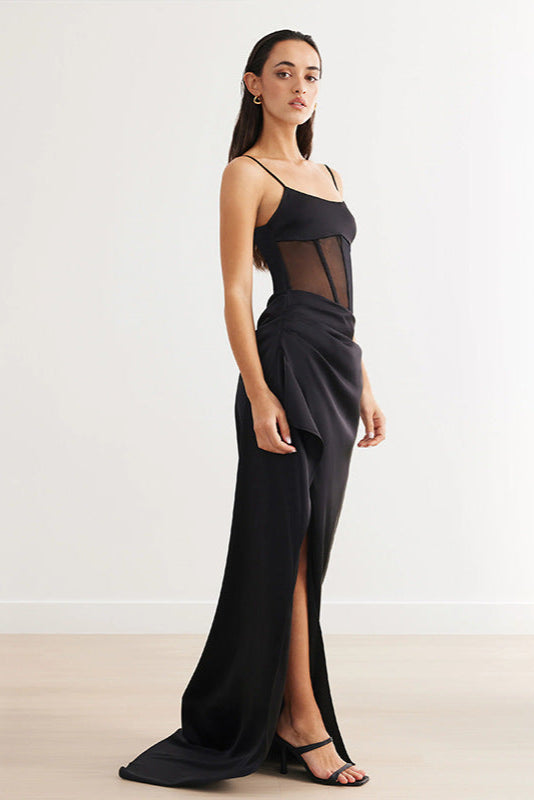 Black Stretchy Satin Boned Corset Mesh Sexy Slit Maxi Party Dress