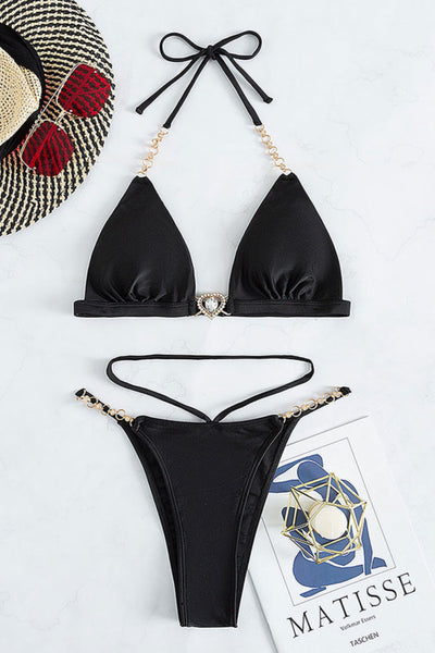 Black Heart Rhinestone Strappy Tied Sexy 2Pc Swimsuit Set Bikini