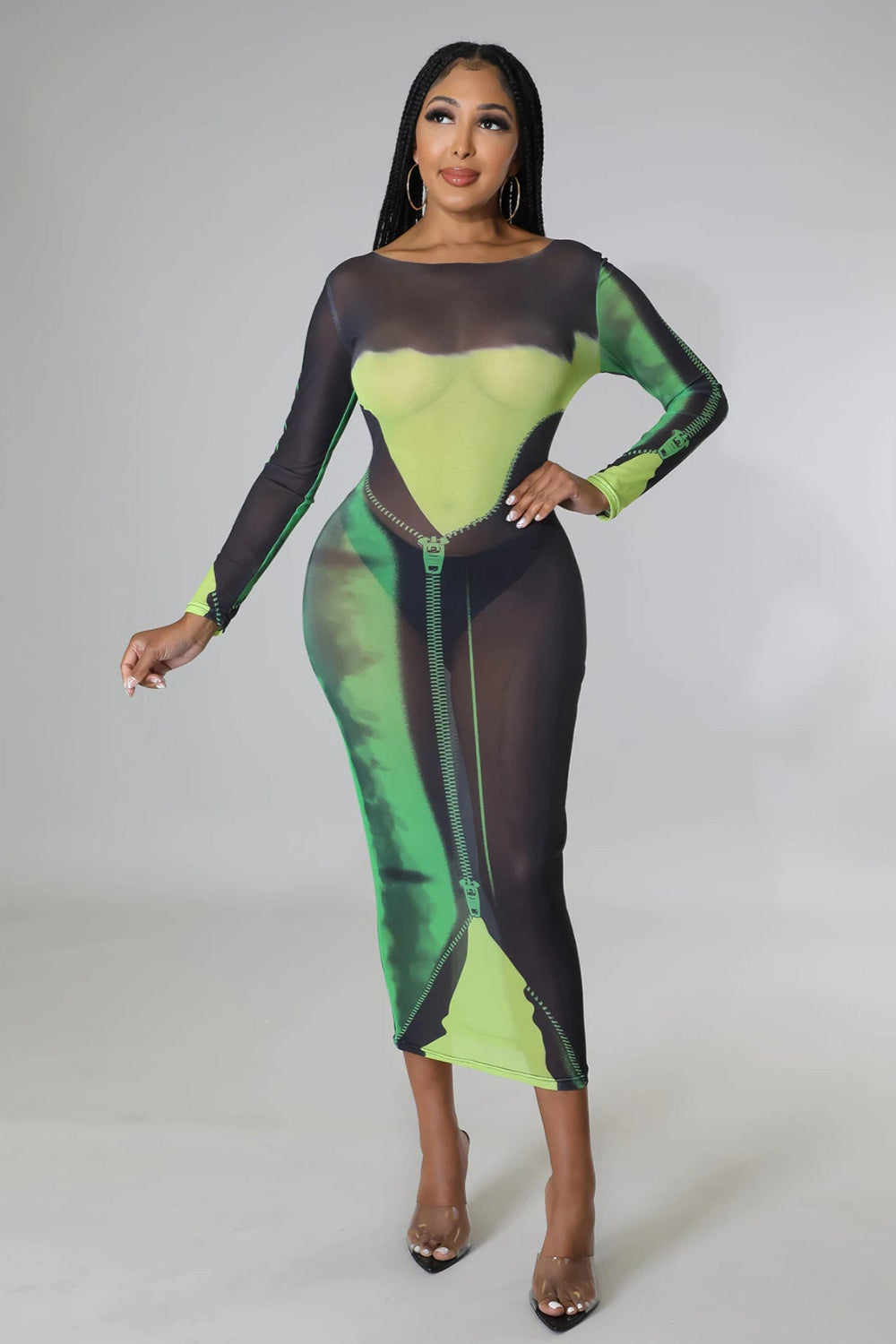 Green Black Mesh Zipper Print Sexy Fitted Midi Dress