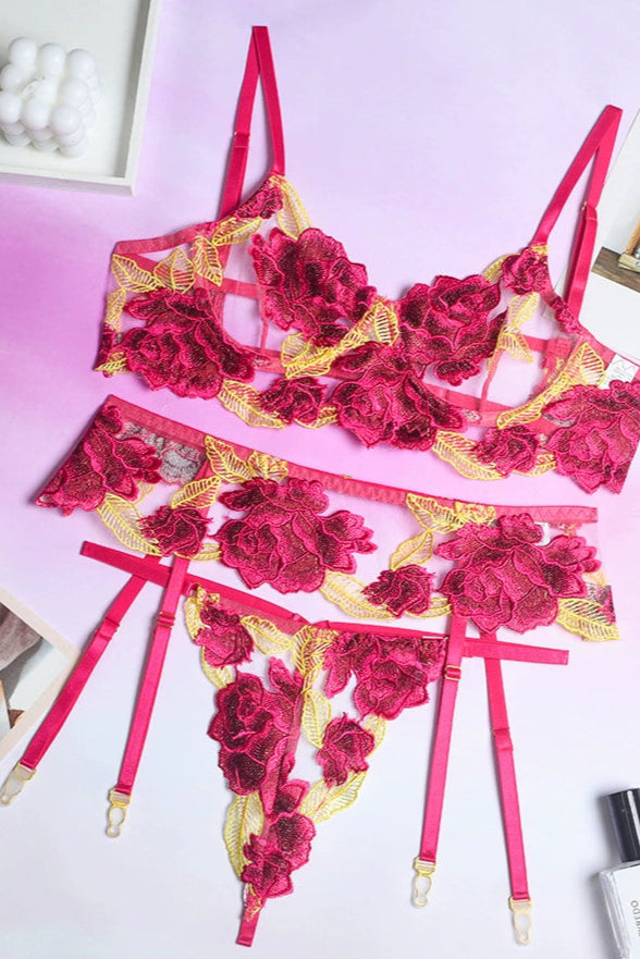 Yellow Fuchsia Floral Embroidered Mesh Underwire Sexy Lingerie 3 Pc Set