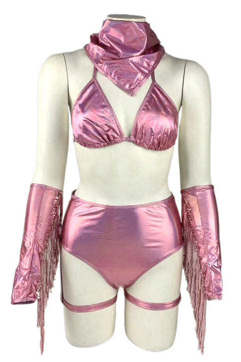 Pink Metallic Holo Sequin Fringe Sexy Western Cowgirl Costume