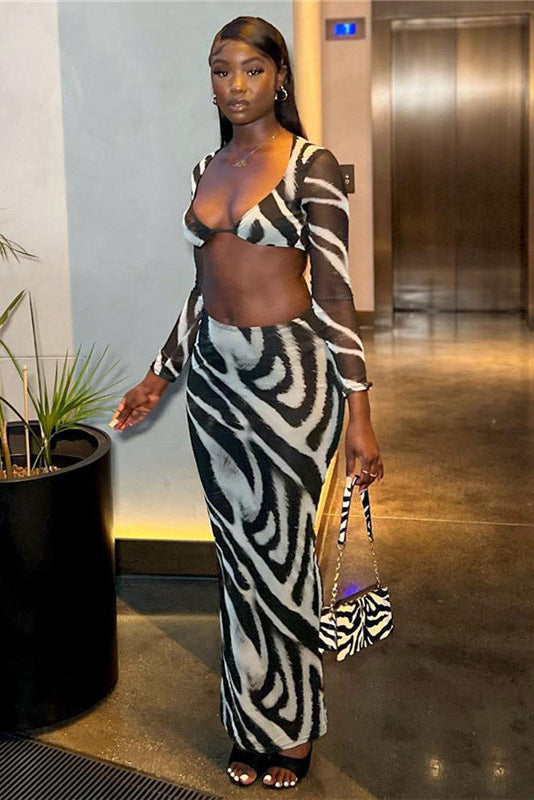 Black Zebra Print Long Sleeve Crop Top Maxi Skirt 2Pc Dress Set