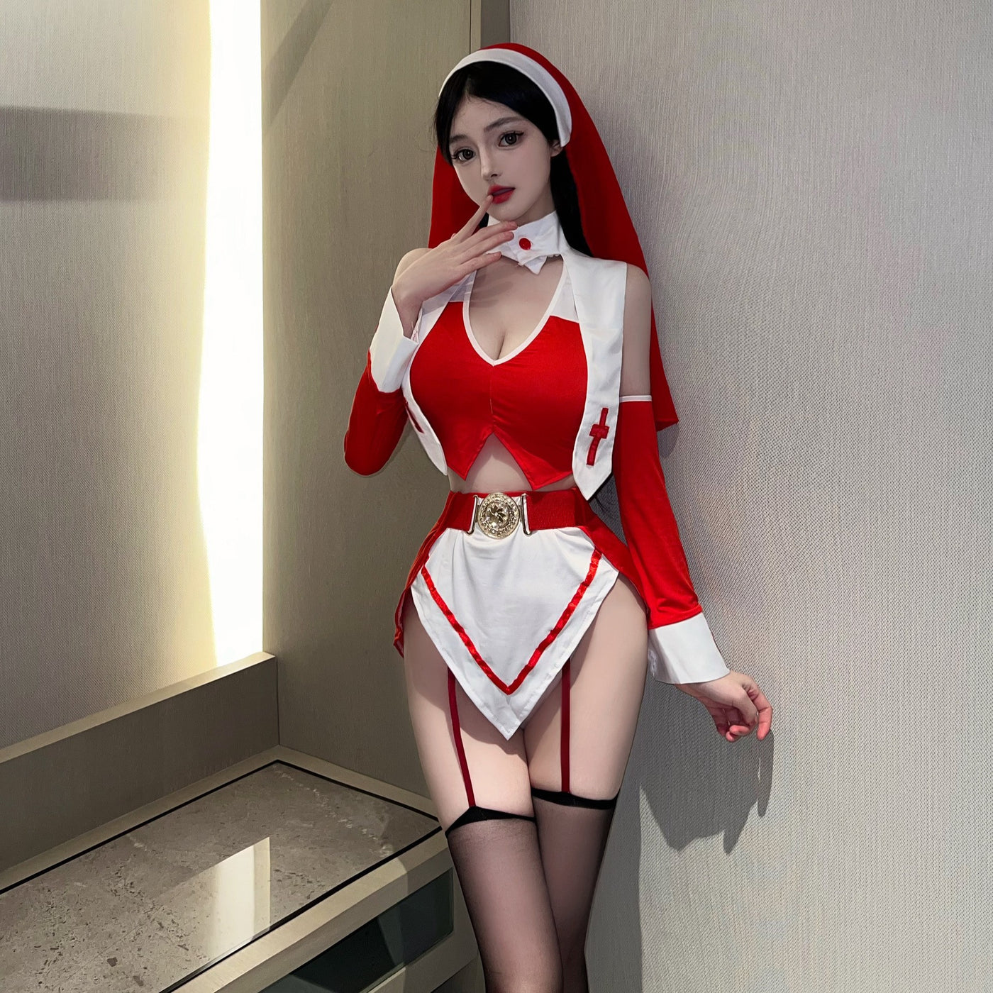 Red White Gold Buckle Sexy Nun Costume