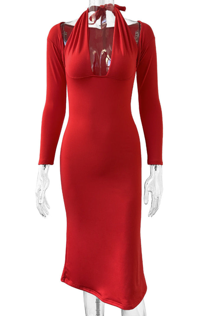 Red Long Sleeves Halter Fitted Fleece Fitted Midi Dress