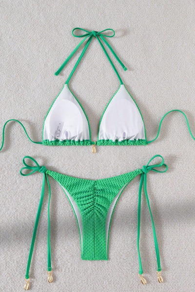 Green Dot Texture Fabric Gold Shell Charm Ruched Butt Sexy 2Pc Swimsuit Set Bikini