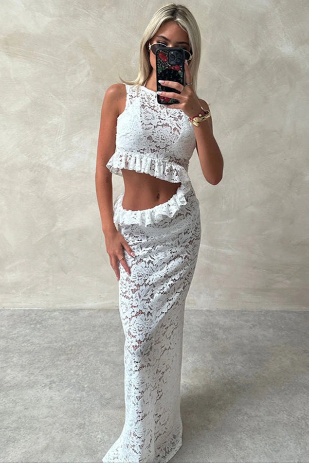 White Lace Ruffle Side Cut-Out Sexy Full Length Maxi Dress