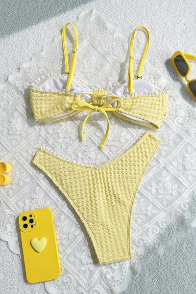 Yellow Textured Bow Lace Sexy 2Pc Swimsuit Set Bikini
