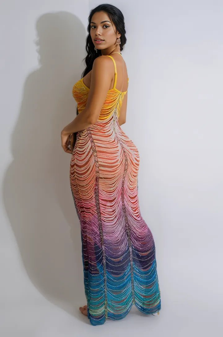 Rainbow Rhinestone Cascade Layers Mesh Sexy Halter Maxi Party Dress