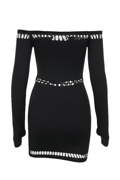 Black Rhinestones Off Shoulders Long Sleeves Stretchy Sexy Fitted Dress