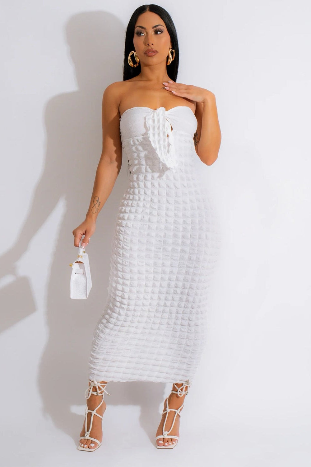 White Textured Fabric Strapless Knot Sexy Fitted Maxi Dress