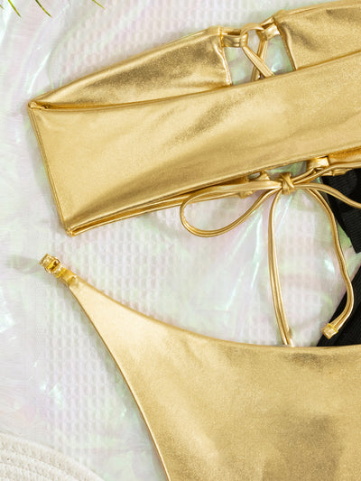 Gold Metallic Cut-Out Strappy Bandeau Cheeky Sexy 2Pc Swimsuit Set