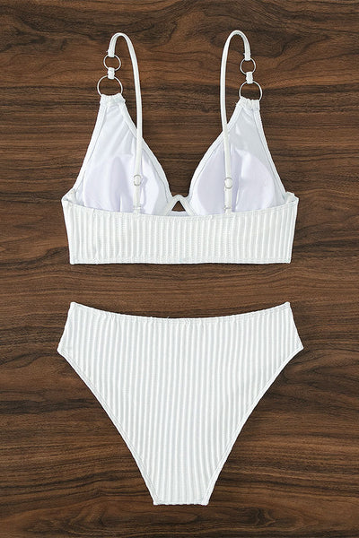 White Ribbed Wired V-Wired High Waist O-RIng Sexy 2Pc Swimsuit Set