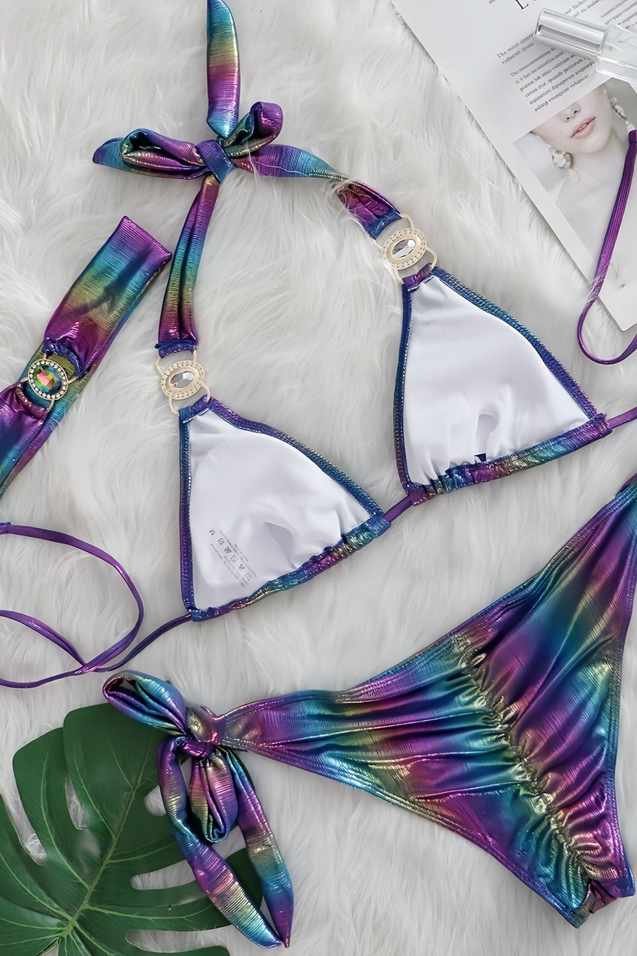 Purple Blue Holographic Metallic Rhinestone Gem Ruched Back Sexy 3Pc Swimsuit Set