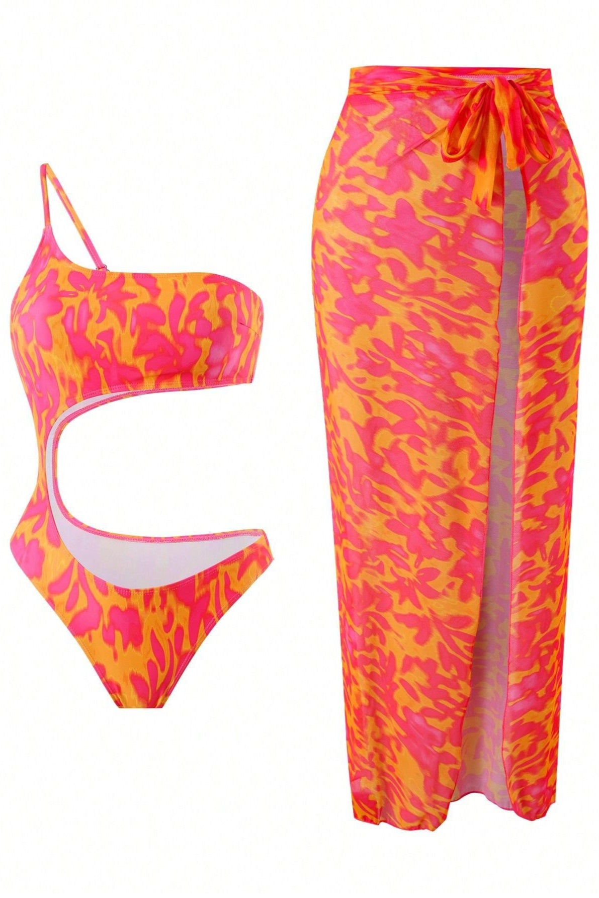 Orange Leopard One Should Monokini Maxi Cover-Up Skirt Sexy 2Pc Swimsuit Set