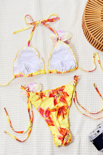 Yellow Floral Print Pink Tropical Flower Sexy 2Pc Swimsuit Set Bikini