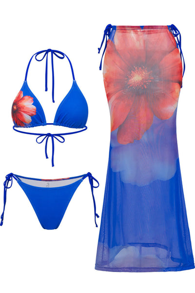 Blue Red Flower Maxi Mesh Skirt Sexy 3Pc Swimsuit & Cover-Up Set