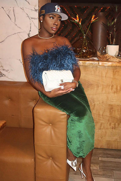 Blue Fur Green Velvet Strapless Midi Sexy Fitted Dress