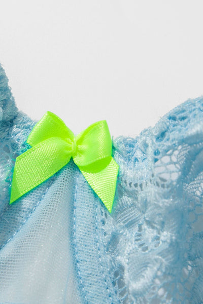 Blue Green Wired Bra Boned Corset Tutu Thong Garter Sexy 5Pc Lingerie Set