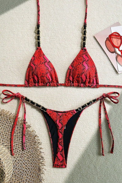 Red Snake Print Chain Thong Sexy 2Pc Swimsuit Set Bikini