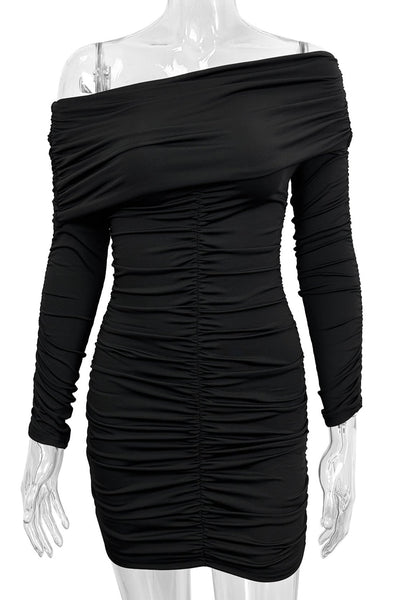 Black Long Sleeves Ruched Off Shoulder Sexy Fitted Party Dress