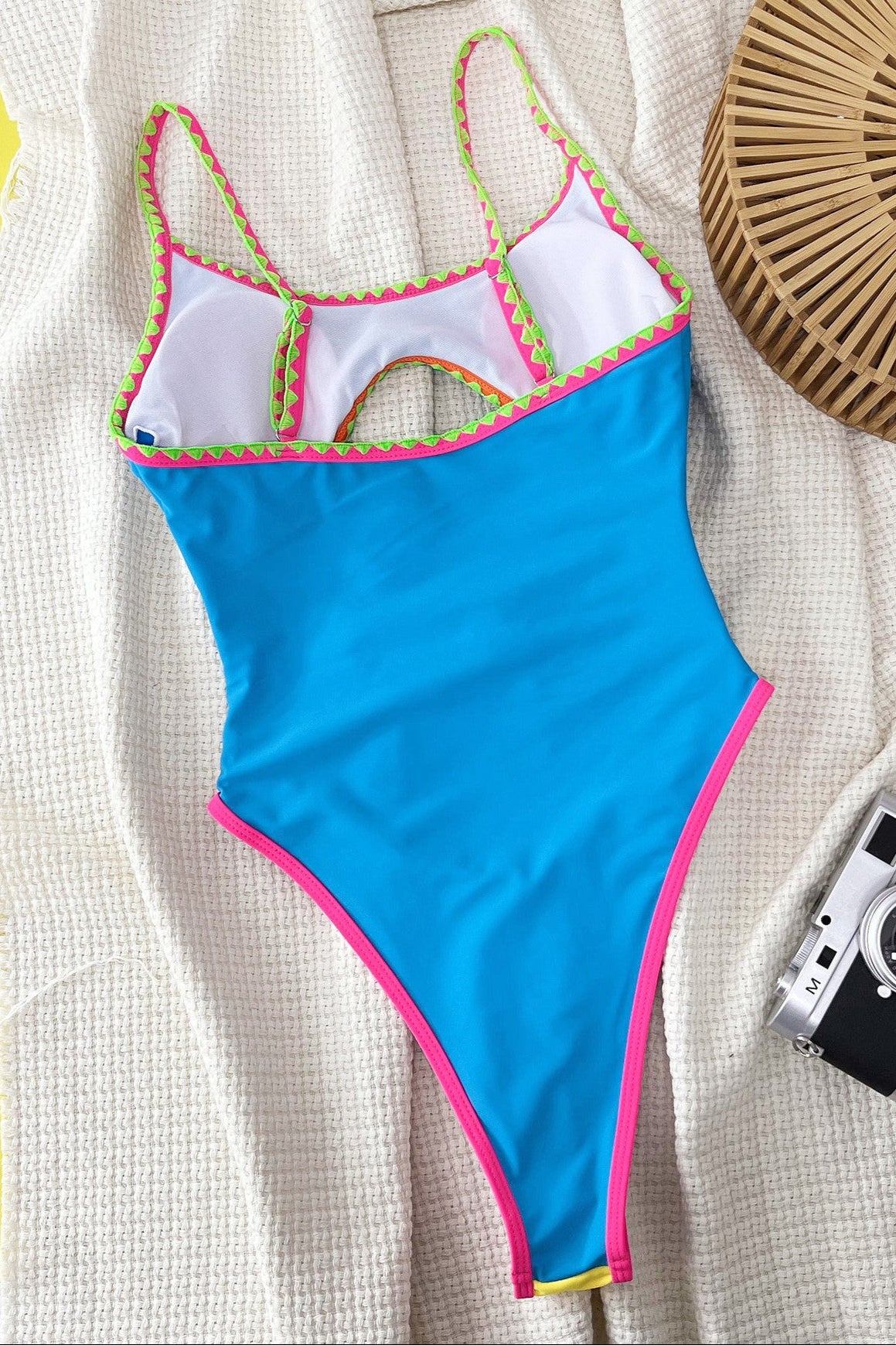 Blue Yellow Embroider Trim Cut-Out Sexy Cut-Out Monokini 1Pc Swimsuit