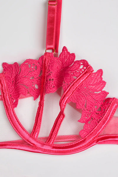 Hot Pink Rose Embroider Mesh 3Pc Push-Up Bra Thong Garter Belt Lingerie Set