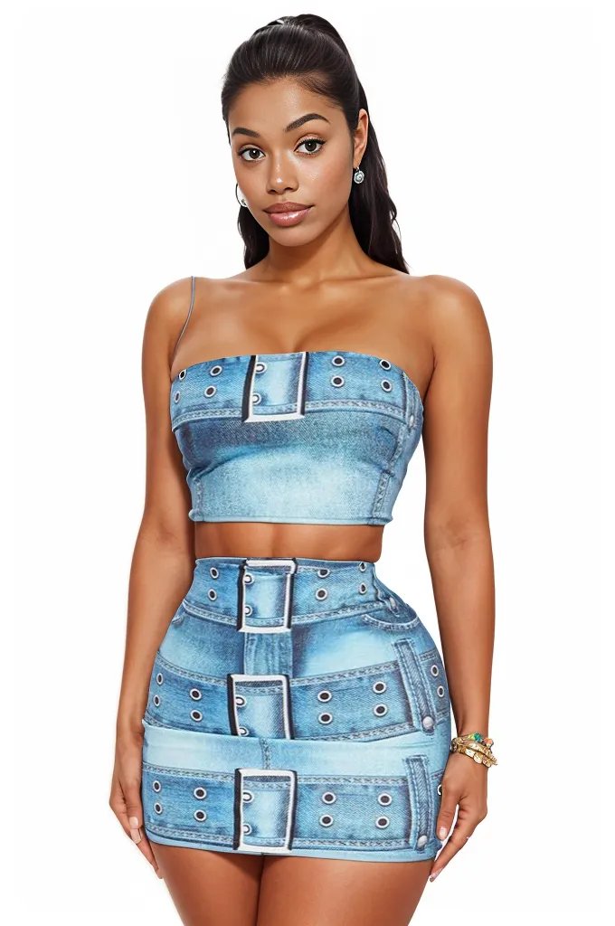 Blue Realistic Denim Print Sexy 2Pc Dress Outfit