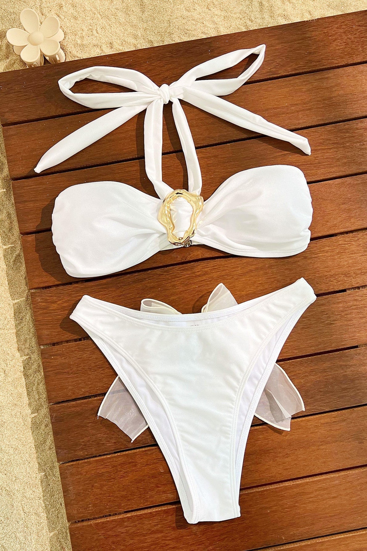 White Halter Gold Decor White Bow Sexy 2Pc Swimsuit Set Bikini