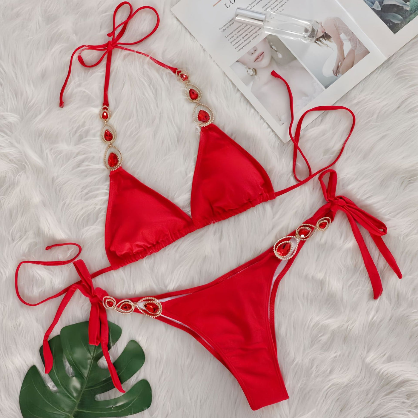 Red Rhinestone Gem Triangle Ruched Back Sexy 2Pc Swimsuit Set