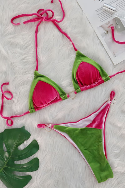 Pink Green Velvet Heart Ring Cheeky Ultra Sexy 2Pc Swimsuit Set Micro Bikini