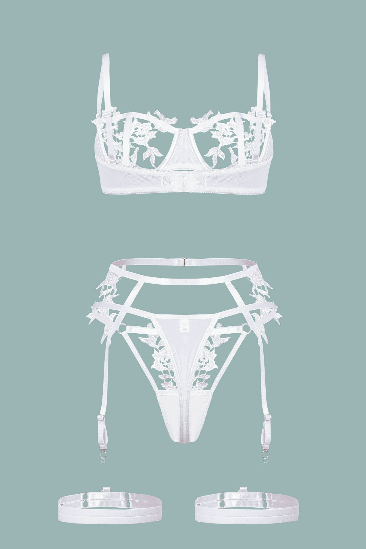 White Crochet Cut-Out Wired Garter Belt Thong Sexy 5Pc Lingerie Set