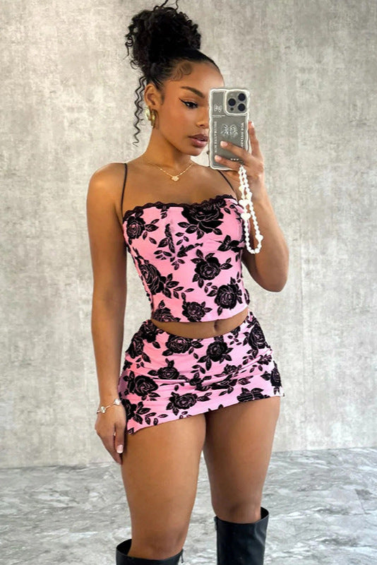 Pink Black Lace Flower Print Crop Top Skirt Sexy Fitted 2Pc Dress Outfit