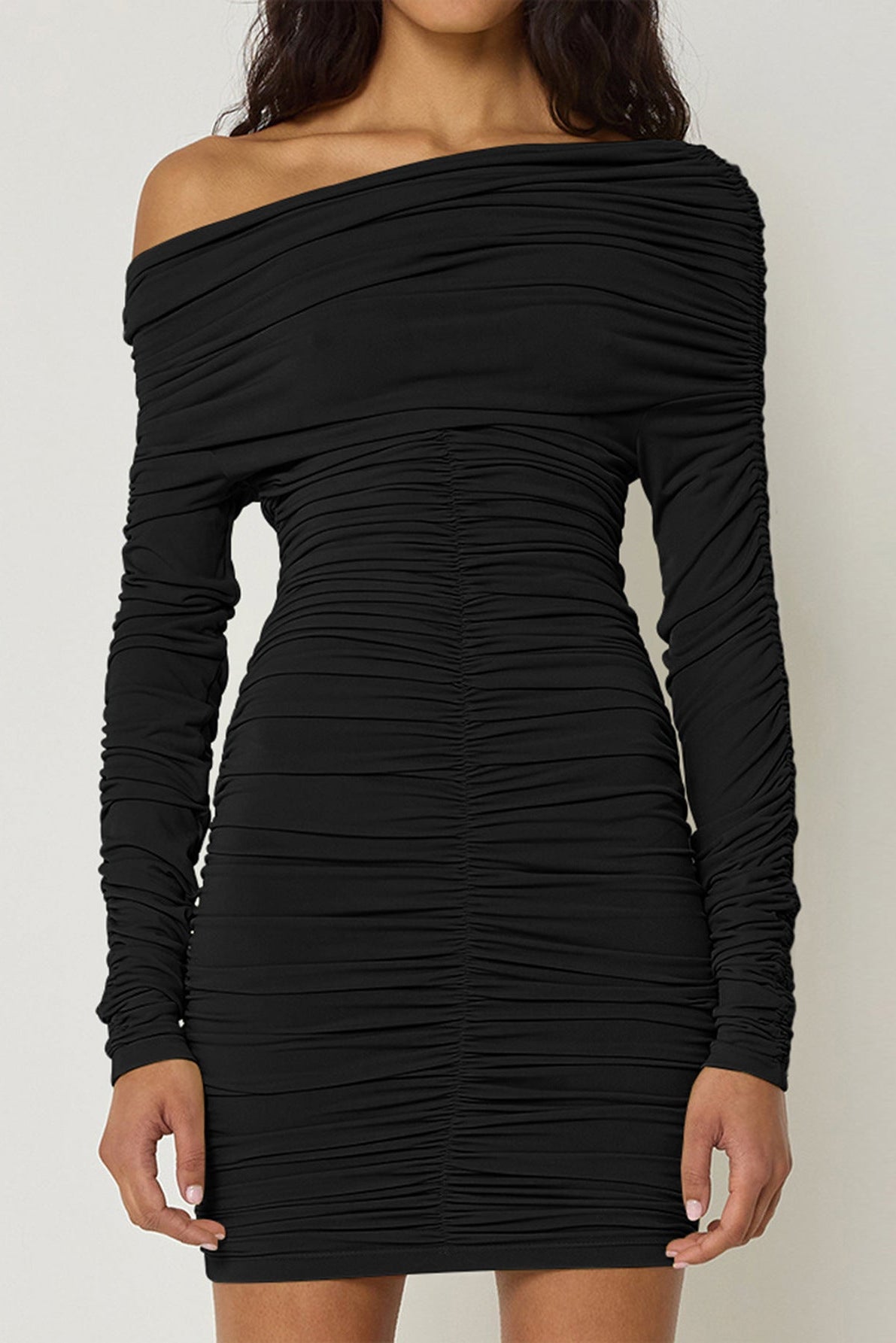 Black Long Sleeves Ruched Off Shoulder Sexy Fitted Party Dress